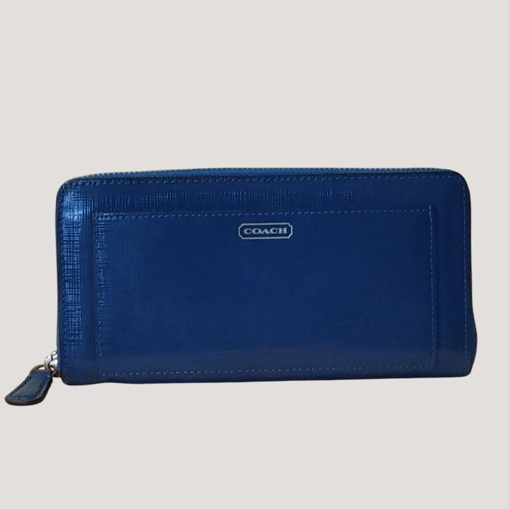 Coach Blue Leather Zip Around Wallet Multiple Card Slots Coin Pocket Organizer